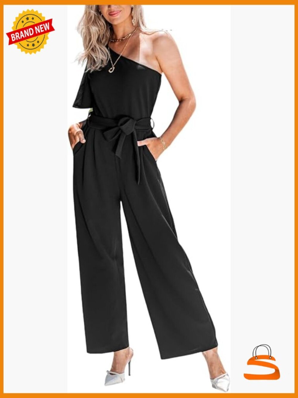 One Shoulder Jumpsuit with Belted Wide Leg - Short Sleeve Dressy